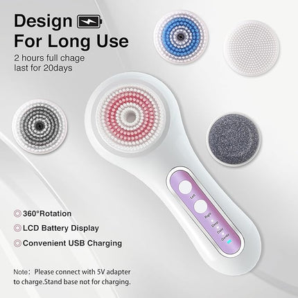 Electric Facial Cleansing Brush, 2-Way Rotating Face Scrubber with 3 Modes, Rechargeable, 5 Brush Heads, IPX7 Waterproof, Deep Pore Cleaning for All Skin Types