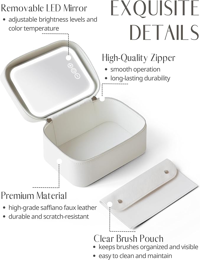 Popvibe Makeup Vanity Bag with Lighted Mirror, Compact Leather Travel Make Up Case with Brush Storage and Handle, White Small Train Case Luxury Cosmetic Case Lighted Up Toiletry Bag for Women, White