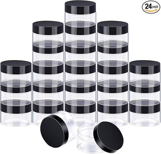 SATINIOR 24 Pieces Empty Clear Plastic Jars with Lids Round Storage Containers Wide-Mouth for Beauty Product Cosmetic Cream Lotion Liquid Butter Craft and Food (Black Lid, 4 oz)