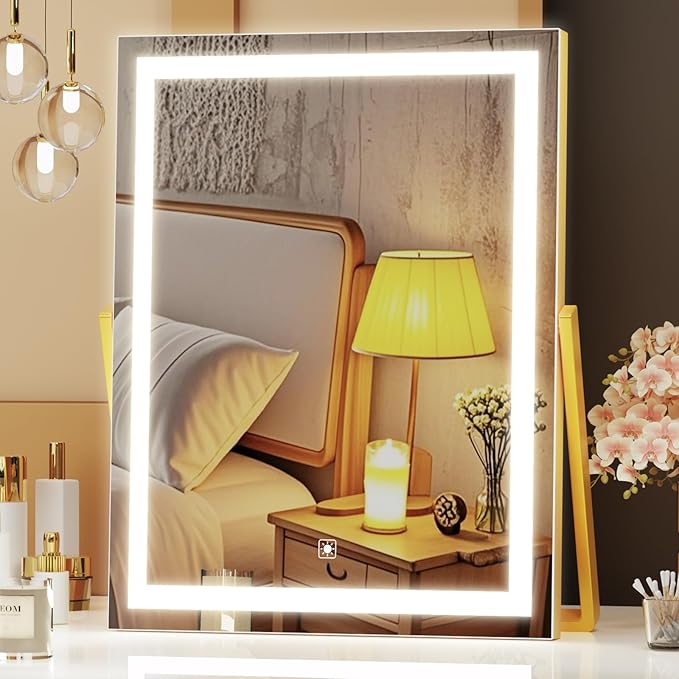 Vanity Mirror with Lights, 11"× 14" LED Makeup Mirror, Lighted Makeup Mirror with Lights, Smart Touch Control Dimmable 3 Modes Light 360°Rotation Gold
