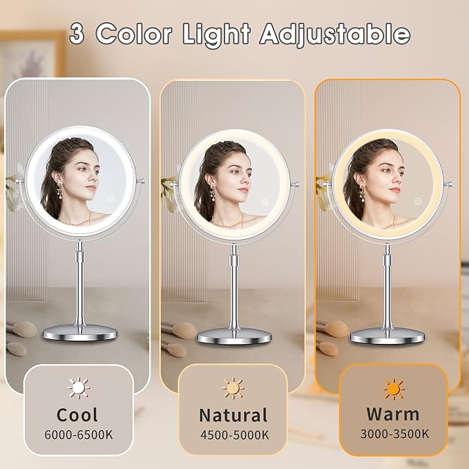 MILPROX 8 Inch Makeup Mirror with 10X Magnification & 3 Color Lights, Adjustable Brightness & Height, Rechargeable Double Sided 1X 10X Magnifying Mirror, Lighted Makeup Mirror Touch Sensor - Silver
