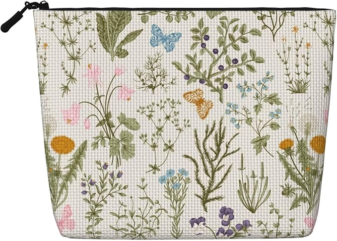 MOLAIGIN Vintage Color Plants Herbs Floral Butterfly Botanical Cosmetic Bag For Women, Travel Makeup Bag, Toiletry Zipper Bag, Large Capacity Aesthetic Cases