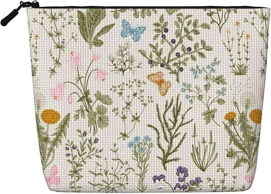 MOLAIGIN Vintage Color Plants Herbs Floral Butterfly Botanical Cosmetic Bag For Women, Travel Makeup Bag, Toiletry Zipper Bag, Large Capacity Aesthetic Cases