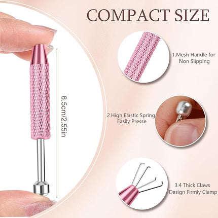 ONESING 2Pcs Piercing Ball Grabber Tool for Changing Jewelry, Stianless Steel Flat Back Earring Applicator Internally Threaded Push Pin Piercing Grabber Tool, Anti Slip 4 Claw Gem Ball Grabber Tool