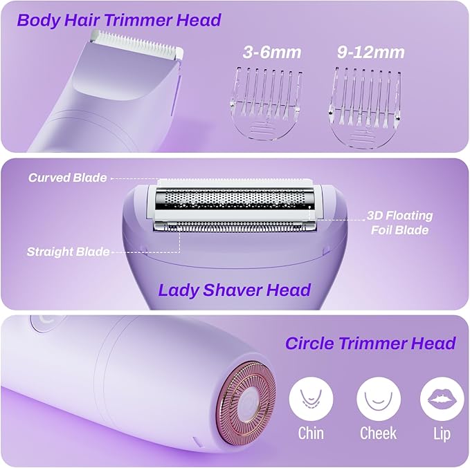 Bikini Trimmer for Women, 3 in 1 Electric Razors for Women - Cordless Body Shaver for Trip - IPX7 Waterproof with LED Display, Ceramic Blade, Rechargeable Lady Trimmer for Underarm Body Leg Face