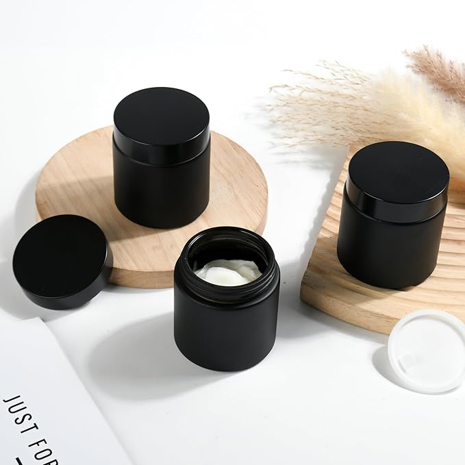 4 oz Reusable Black Glass Container Jars 24 Pack with Wide-mouth Leak Proof Cap and Inner Pull-On Lid for Travel Storage Makeup, Face Creams, Body Lotions, DIY Crafts or Others