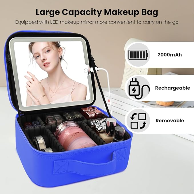 Travel Makeup Bag with LED Mirror and Light Makeup Travel Bag Organizer Portable Cosmetic Brush Organizer Bag with Adjustable Dividers for Cosmetics Makeup Brushes Toiletry (Dark Blue)