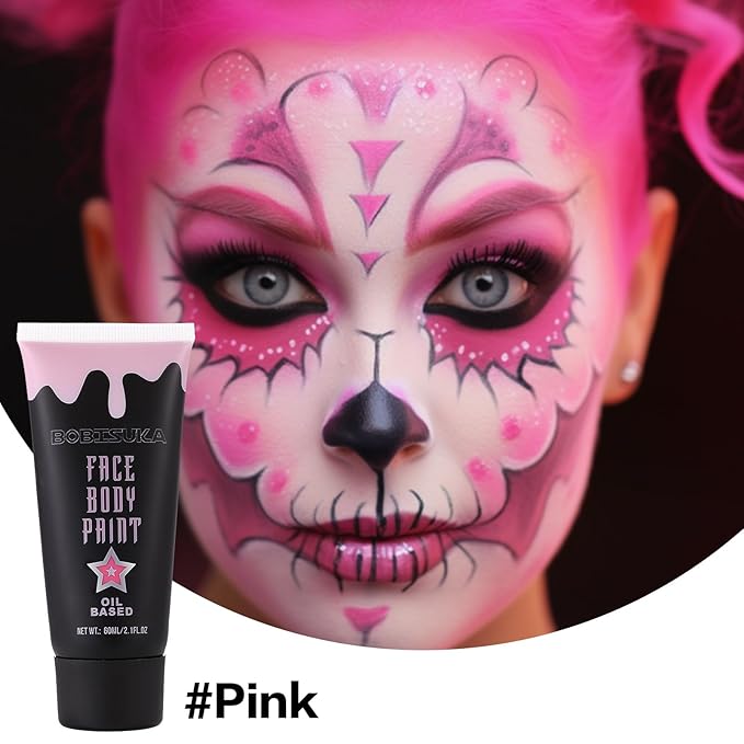 BOBISUKA Pink Face Body Paint, High Pigmented Oil-based Painting Kit, Creamblend Facepaint for Sugar Skull Makeup, Clown Halloween Cosplay, Costume, SFX Special Effect and Theme Parties（2.1 Fl.oz）
