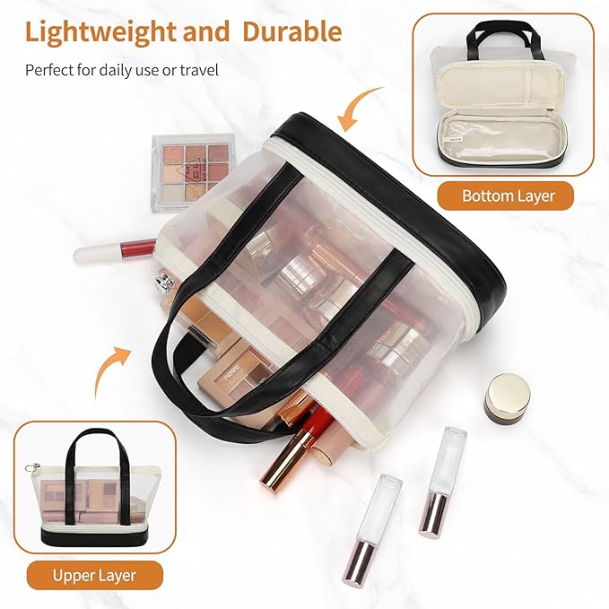 OCHEAL Small Multi-Functional Makeup Bag for Teens and Women Cute Cosmetic Case with Zipper Pouch/Double Handle for Travel Daily Use Multi-Scene Storage - Christmas or Birthday Gift for Girls-Black