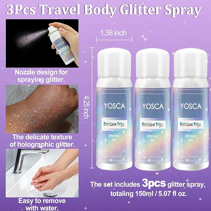 Yosca Body Glitter Spray, 3Pcs Holographic Silver Travel Shiny Glitter Spray for Body Hair Clothes Pride Accessories, Long-Lasting Shimmer Powder Hairspray for Festival Concert Party Rave Accessories