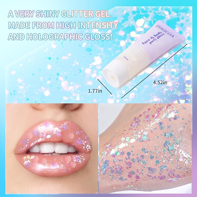 DAGEDA Light-Reactive to Pink Body Glitter Gel, Holographic Face Glitter Rave Party Accessories, Chunky Glitters for Hair Eyes Nails, Cosmetic Laser Powder Festival Sequins Paint Makeup