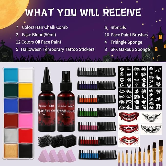 Depvision SFX Makeup Kit Halloween Makeup Set Professional Face Body Paint Special Effects Makeup Set with Fake Blood Temporary Tattoo Hair Chalk Oil Body Paint Sponges Brushes for Halloween Party
