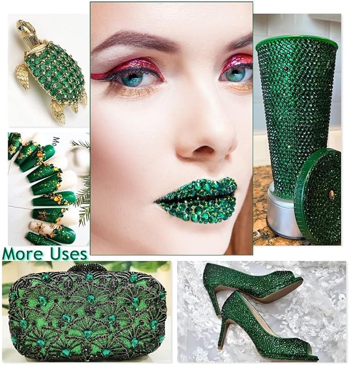28 Types Green Jelly Resin Rhinestones w B7000 Jewelry Glue for Bedazzling Crafting 3-6mm Flatback Colorful Stones Gems Diamonds for Face Eyes Makeup DIY Crafts Tumblers Bottles Clothes Shoes