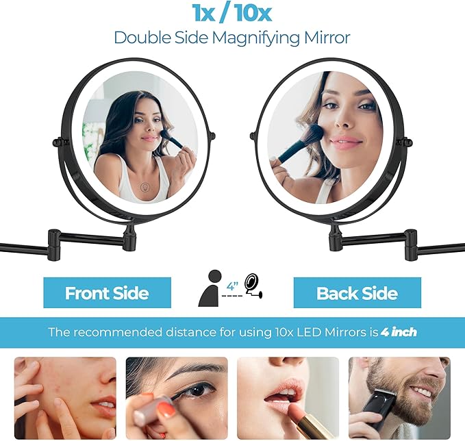 Fab Glass and Mirror Rechargeable Lighted Makeup Mirror 8 Inch, 1x/10x Magnification 3 Color Lights Touch Screen Dimmable 360° Rotation, Wall Mounted Magnifying Mirror Wall Mounted Mirrors (Black)