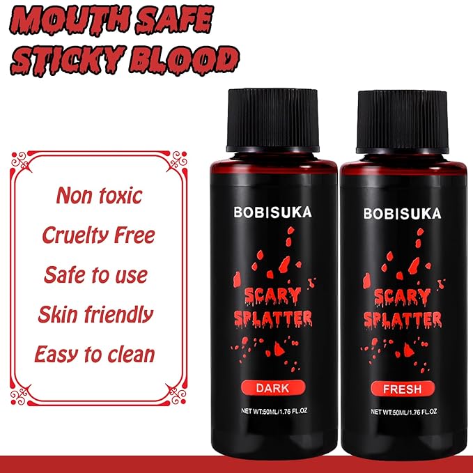 BOBISUKA 2PCS Halloween Fake Blood Makeup Kit - Fresh Red + Dark Red Realistic Washable Special Effects SFX Makeup Set, for Zombie Vampire Cosplay Monster Mouth Clothes Dress Up