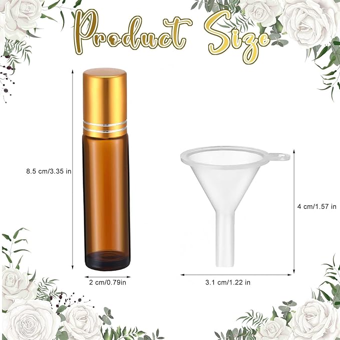 Sumind 150 Pcs Essential Oil Roller Bottles 10 ml Glass Empty Roll on Bottles with Stainless Steel Balls Leak Proof with 5 Funnel for Travel Essential Oil(Amber, Gold)