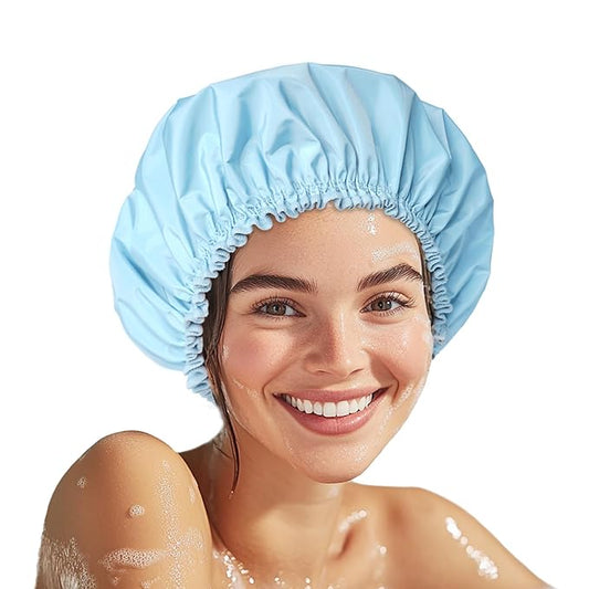 Shower Cap for Women, Double Layer Waterproof Bath Cap, Reusable Hair Protector, Large Waterproof Shower Bonnet Washable Elastic Band Bath Hair Hat for Long Hair, Braids， - Blue