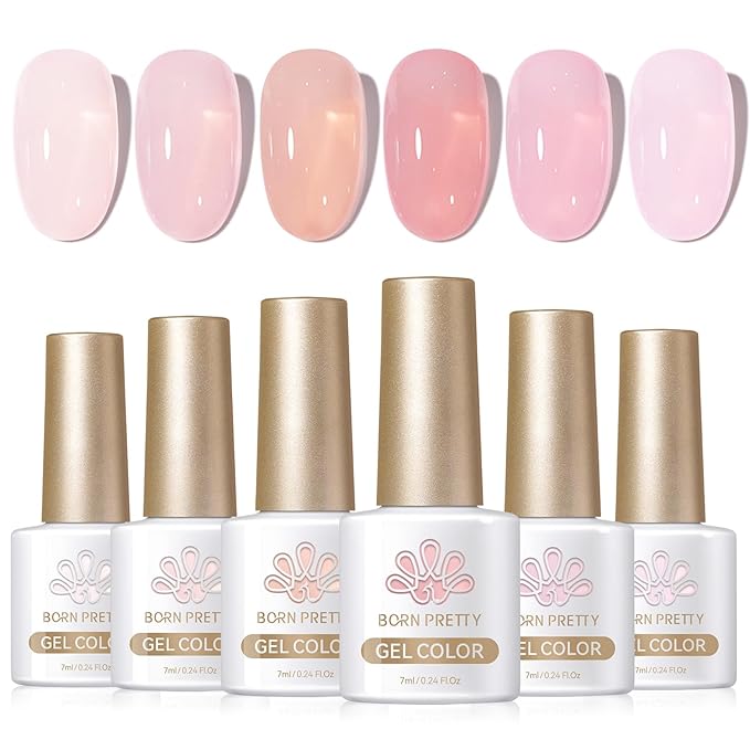 Born Pretty Jelly Pink Gel Nail Polish Nude Pink Sheer Translucent Gel Polish Milky Natural Gel Polish Set Nail Art Manicure DIY Kit Home Salon 6PCS