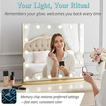 LUXFURNI Hollywood Glamour Vanity Mirror with 4 Extra Bottom Bulbs | Shadow-Free, Perfect Makeup View | Desk & Wall Mountable | 3 Color Modes for Office, Outdoor, Party Looks | USB Charging