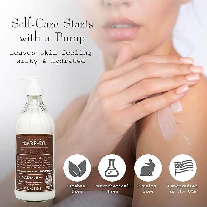 BARR-CO. Saddle Scent Shea Butter Lotion, Amber Scent with Sandalwood & Musk, Shea Moisturizing Lotion for Sensitive Skin, 16 fl oz