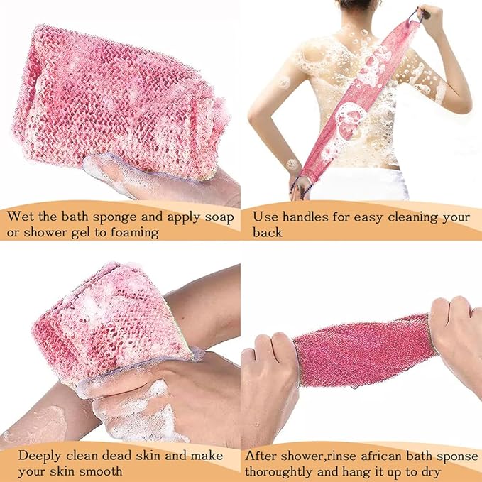 African Net Sponge with Handles 3 Pieces Long African Exfoliating Net Washcloth Bath Sponge Net Cloth Wash Net Body Back Scrubber for Shower Loofah