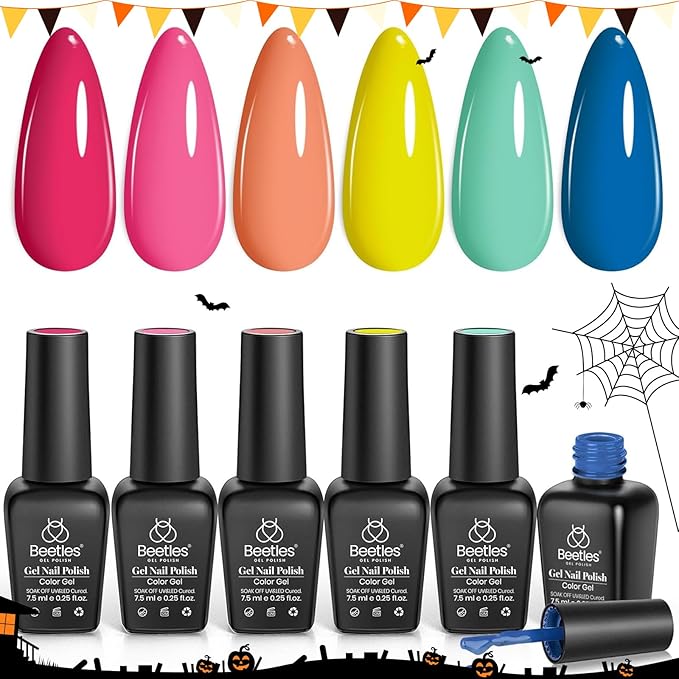 Beetles Gel Nail Polish Set, Halloween Gel Nail Polish, 6 Colors Orange Blue Pink Green Soak Off UV Manicure Kit DIY Nail Art for Women Pool Party Holiday