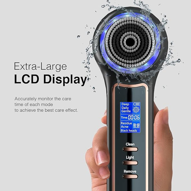 Electric Facial Cleansing Brush with LCD Screen, 3-in-1 Face Scrubber & Optional Blackhead Remover, Rechargeable, IPX7 Waterproof, Gentle Daily & Deep Cleaning for All Skin Types