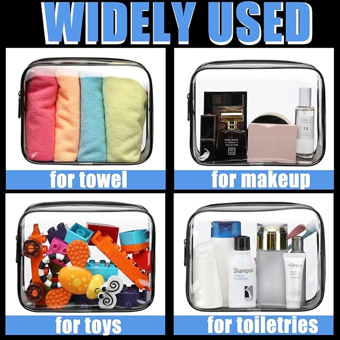 12 Pcs Clear Cosmetic Bag PVC Waterproof Zippered Clear Toiletry Carry Pouch Cosmetic Makeup Bag for Women Men Vinyl Plastic Organizer Case for Vacation Bathroom (Large, Black)