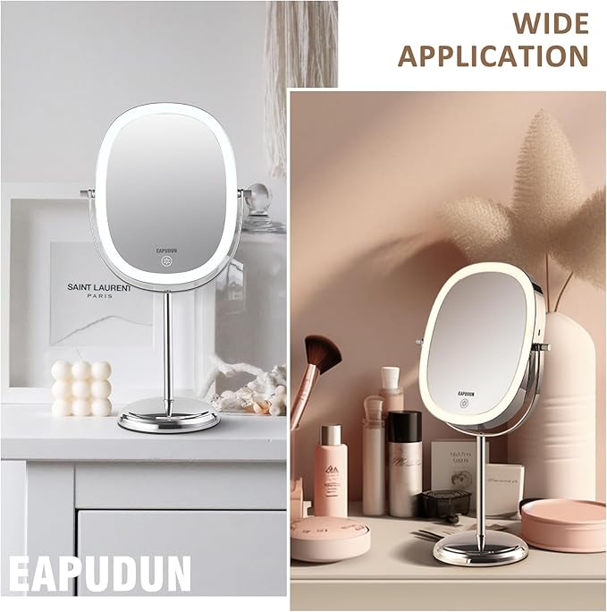 EAPUDUN Lighted Makeup Mirror 9" – 2-Sided Tabletop Vanity Mirror with 7X Magnification, 3 Color Lighting Modes, Rechargeable, 360° Rotation, 84 LED Lights