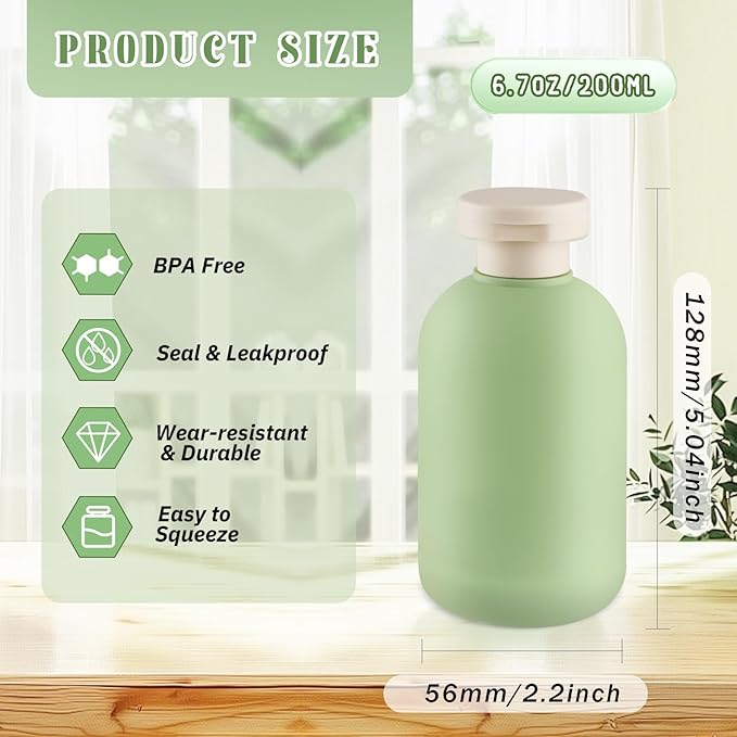 9 Pcs 6.8 oz Plastic Squeeze Bottles with Flip Cap,Empty Refillable Travel Shampoo Bottle Containers for Creams, Lotion,Body Wash, Conditioner,Silicone Funnel Included-Green
