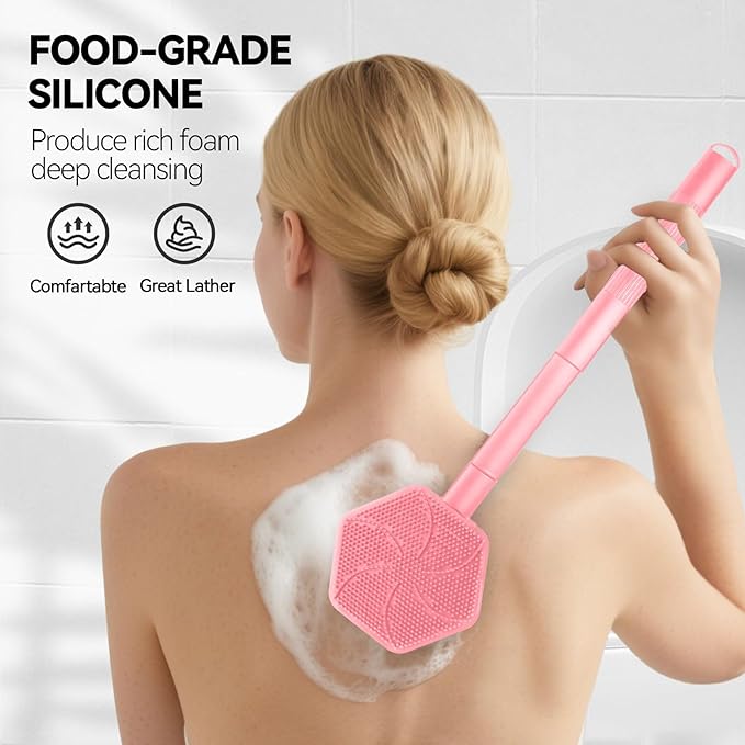 21 Inches Silicone Back Scrubber for Shower - Extendable Shower Brush Long Handle with Stiff and Soft Bristles -Loofah Alternative- Body Exfoliator for Bath or Dry Brush,Men & Woman (Pink)