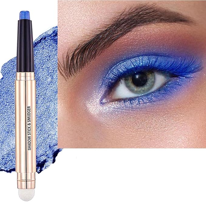 2 in 1 blue Eyeshadow stick and Sponge Makeup Brush, Smooth Cream Shimmer Shadow Pencil Long Lasting Waterproof Eye Shadow Highlighter Stick Makeup , Hypoallergenic Eyeshadow, Highlighter Eye Liner