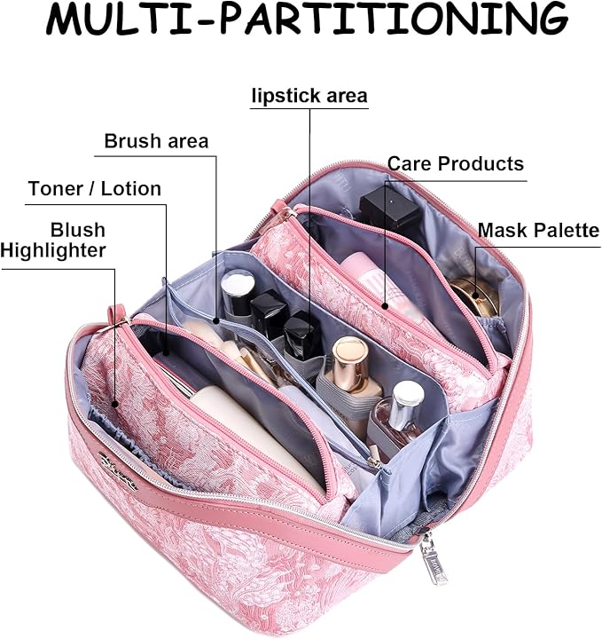 BOYATU Travel Makeup Bag for Women: Large Capacity Make up Bag with Compartments - Vegan Leather Cosmetic Bag set of 3 - Waterproof Toiletry Bag with Handle & Divider(D-04Pink)