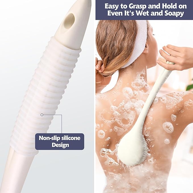 BEDELITE Back Bath Brush Long Handle for Shower of 2 - Soft Shower Brush for Men & Women,Back Brush Scrubber - 16.4" Long Skin Exfoliator for Body Bath Scrubber（2 Pack, Pink & Ivory）
