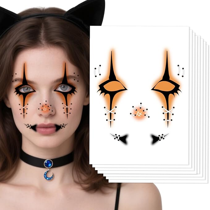 Halloween Face Tattoos, Spooky Halloween Face Tattoos Stickers, Face Temporary Tattoos with Stitched Lips & Nose,Face Makeup Tattoo Stickers for Adults, Kids, Cosplay, Parties 8Pcs
