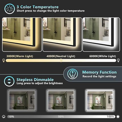 40x30 Black Framed LED Bathroom Mirror with Lights, Backlit + Front Lit, Anti-Fog Lighted Vanity Mirror for Bathroom Wall with 3 Colors, Dimmable, Memory, Tempered Glass, Horizontal/Vertical