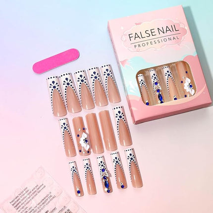 RUOKEXIN Long Nail Press ons Square Press on Nails White French Fake Nails Nude Full Cover False Nails with 3D Flower Butterfly Designs Sparkly Glue on Nails Fall Winter Stick on Nails for Women 24Pcs