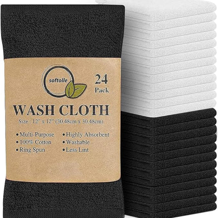 Softolle 100% Cotton Washcloths 24 Pack (12x12 Inches) Soft, Highly Absorbent Washcloth, Face Towels, Wash Cloths for Face, Ring Spun, Bulk Pack (Black/White)