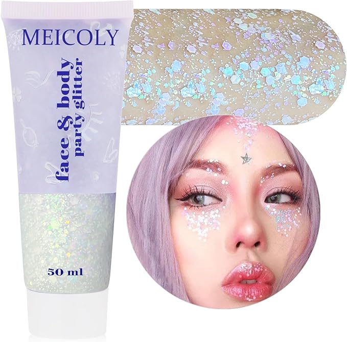 MEICOLY Chameleon Iridescent White Body Glitter,Chunky Face Glitter Paint Ice Themed Aerial Performance,Color Changing Mermaid Face Glitter,Opal Glitter for Face Body Hair,Festival Party Cheer Makeup