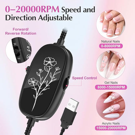 JIASHENG USB Electric Nail Drill, Portable File for Acrylic Gel Nails, Professional Manicure and Pedicure Kit With Drill Bits for Home and Salon Use, Rose Red