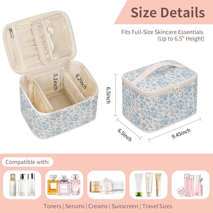 OCHEAL Travel Makeup Bag, Cosmetic Bags for Women Makeup Case Organizer Large Capacity Travel Toiletry Bag Storage Bags with Divider and Handle for Cosmetics Toiletries Brushes Tools-Blue Floral