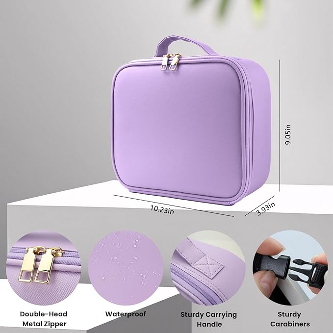 Travel Makeup Bag with LED Mirror and Light Travel Makeup Case Cosmetic Organizer Portable Cosmetic Brush Organizer Bag with Adjustable Dividers for Cosmetics Makeup Brushes Toiletry(Purple)