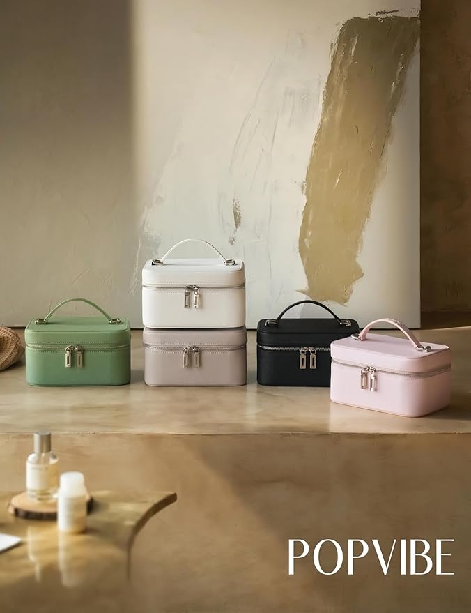 Popvibe Travel Vanity Case with Mirror and Light, Compact Traveling Makeup Bag Set with Brush Holder, Sage Green Leather Cosmetic Case Lighted Up Makeup Vanity Bag Portable Make Up Box Train Case Cute