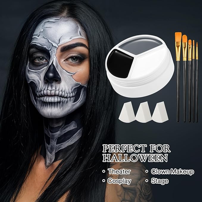 Black White Grey Face Body Paint, Halloween Ghost Skeleton Makeup Kit (3 Sponges + 5 Brushes), 9 Pcs Oil Based Full Coverage Smooth Face Painting Kit for Halloween SFX Clown Costume, Skull, Cosplay