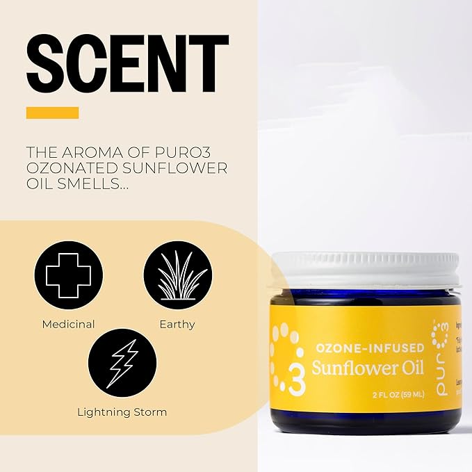 PurO3 Ozonated Sunflower Oil – Pure, Natural, Organic Skincare for Face & Body – Oxygenated Healing Lotion, Moisturizer & Beauty Cream in a Glass Jar – O3 Therapy Salve, 2 oz