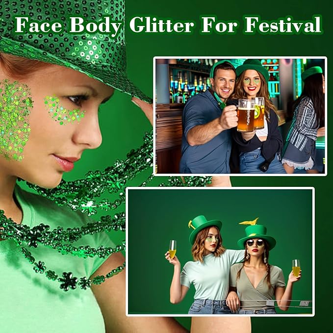 MEICOLY St Patricks Day Accessories,St Patricks Day Outfits for Women,Lime Green Face Glitter,Light Green Body Glitter,Glitter Face Paint for Party Festival,Chunky Glitter Makeup for Face/Body/Hair