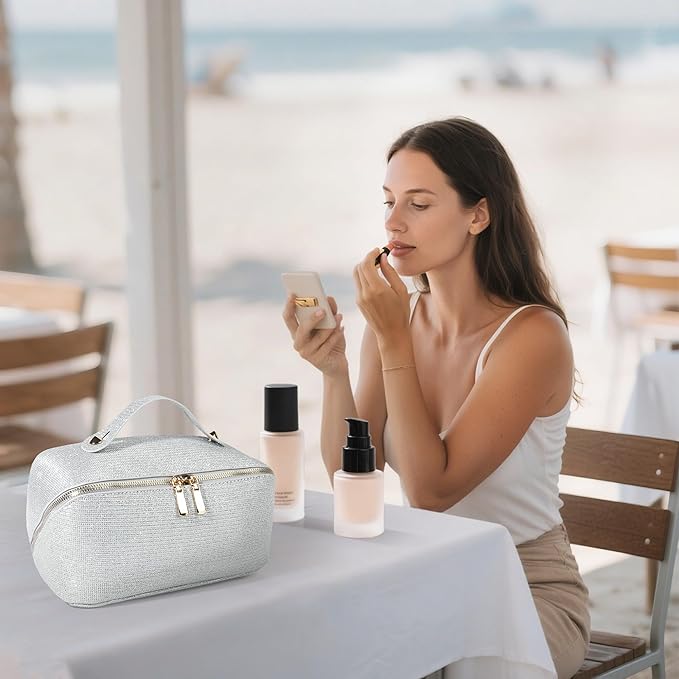 Makeup Bag for Women Travel Cosmetic Bag Toiletry Oraganizer Case Bag Travel Essentials Portable Pouch with Waterproof Large Capacity PU Leather Lining