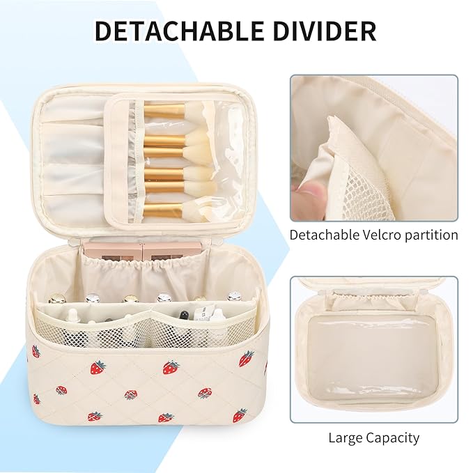 OCHEAL Makeup Bag,Travel Makeup Organizer Bag, Large Capacity Cosmetic Bags For Women Large Travel Toiletry Bag Girls Traveling With Brush Slot And Divider-Strawberry