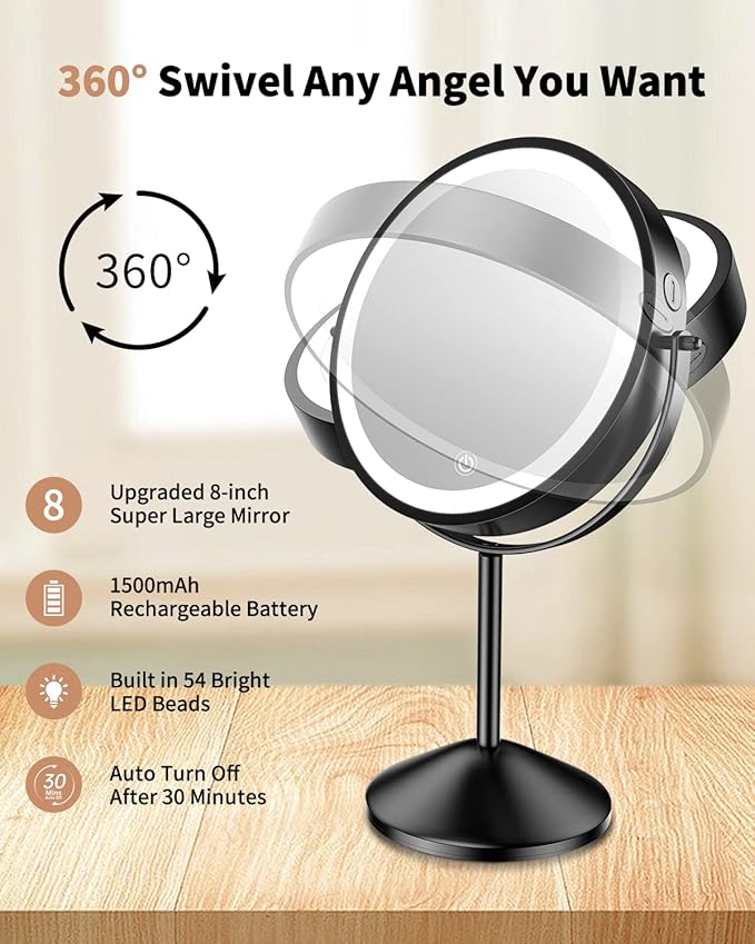 Gospire 8" Lighted Makeup Mirror with Magnification 10X/1X, 3 Color Lights & Dimmable Lighting, 360° Rotation Double Sided Rechargeable Cordless Vanity Cosmetic Standing LED Mirror for Makeup