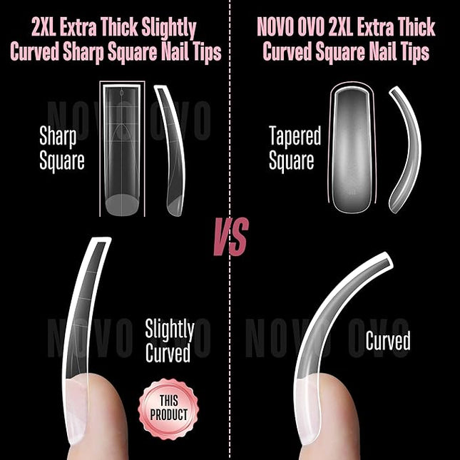 NOVO OVO Halloween XXL Slightly Curved Sharp Square Nail Tip, Extra Thick Natural Curve False Nails Press on, Full Cover Soft Gel Extension Fake Nail Acrylic French Tip Auxiliary Line x 15 Size 240pc